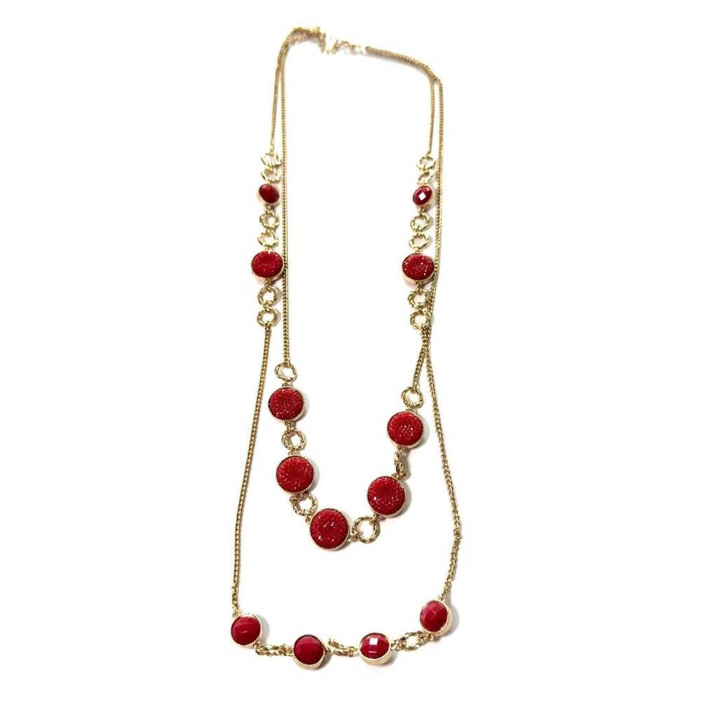 Vintage Gold Tone Multi Strand Layered Necklace Red Faux Druzy Cabochon Station